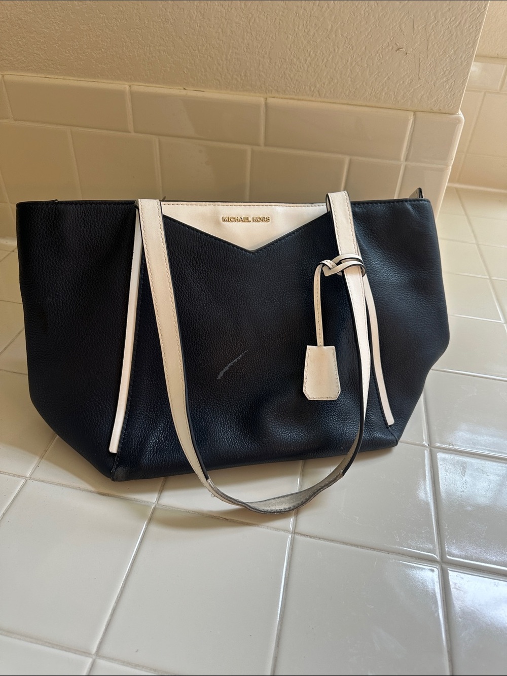 Michael Kors Navy Tote with Cream Trim and Straps